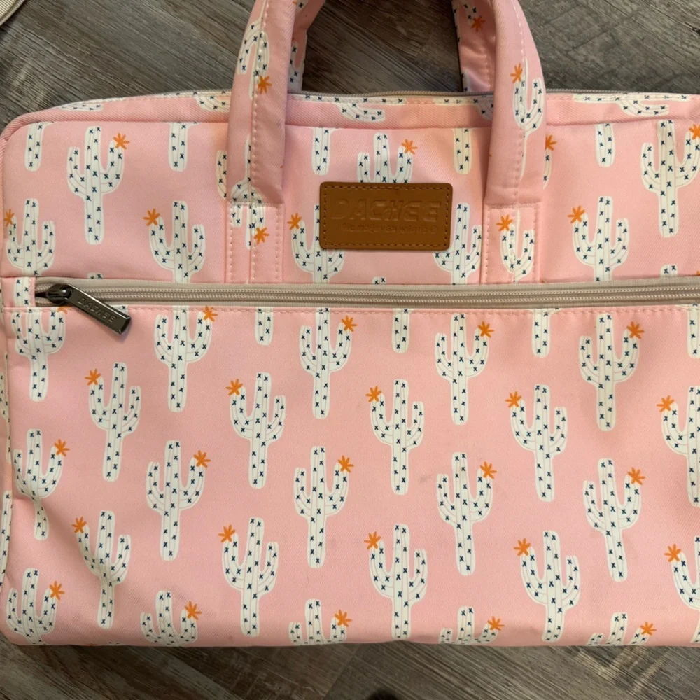 Pink Cactus Print Women's Laptop Bag with Shoulder Strap